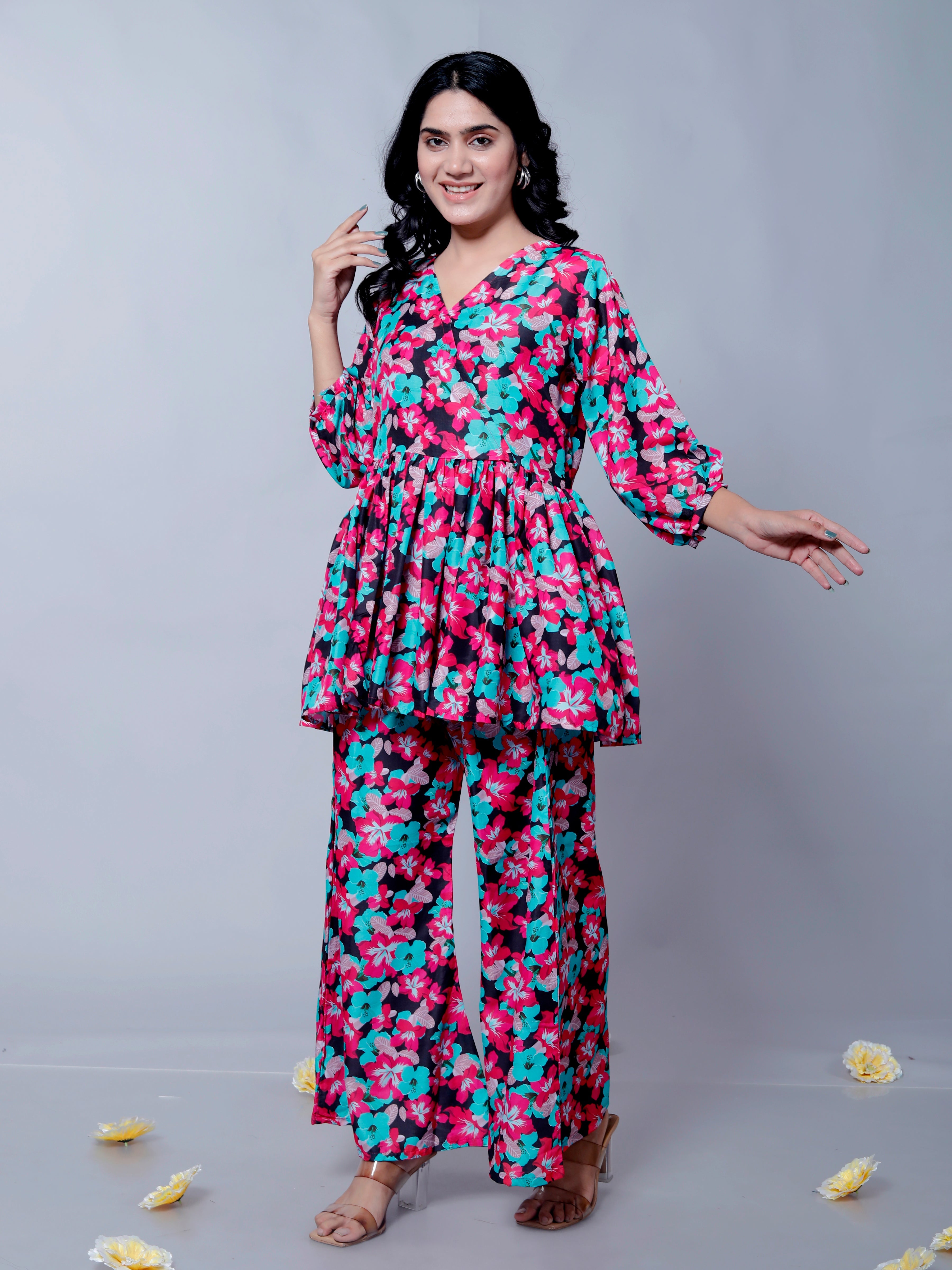 Black Flower Printed Muslin Cotton Peplum Coord Set D6038 – Elegant and Comfortable