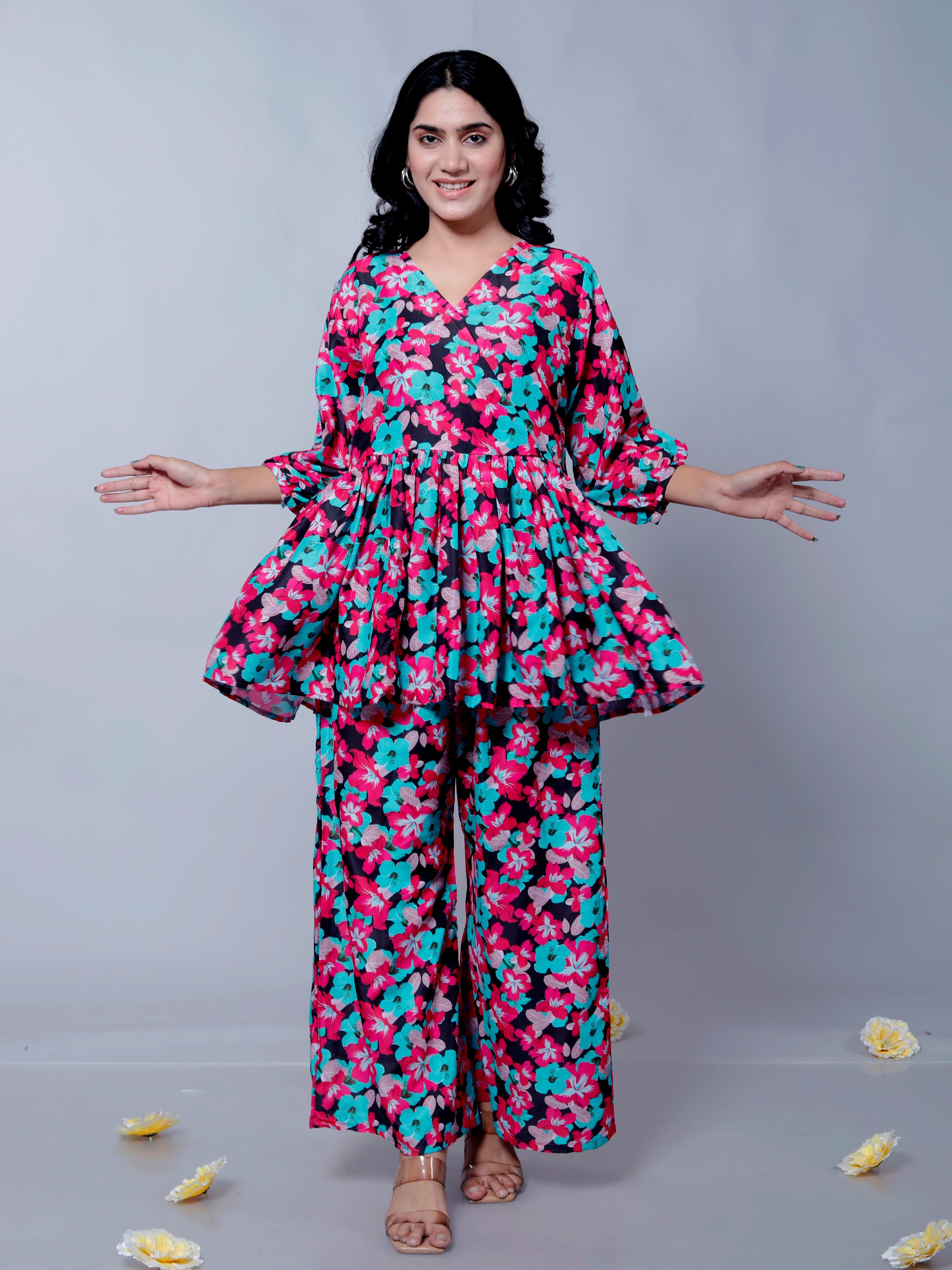 Black Flower Printed Muslin Cotton Peplum Coord Set D6038 – Elegant and Comfortable