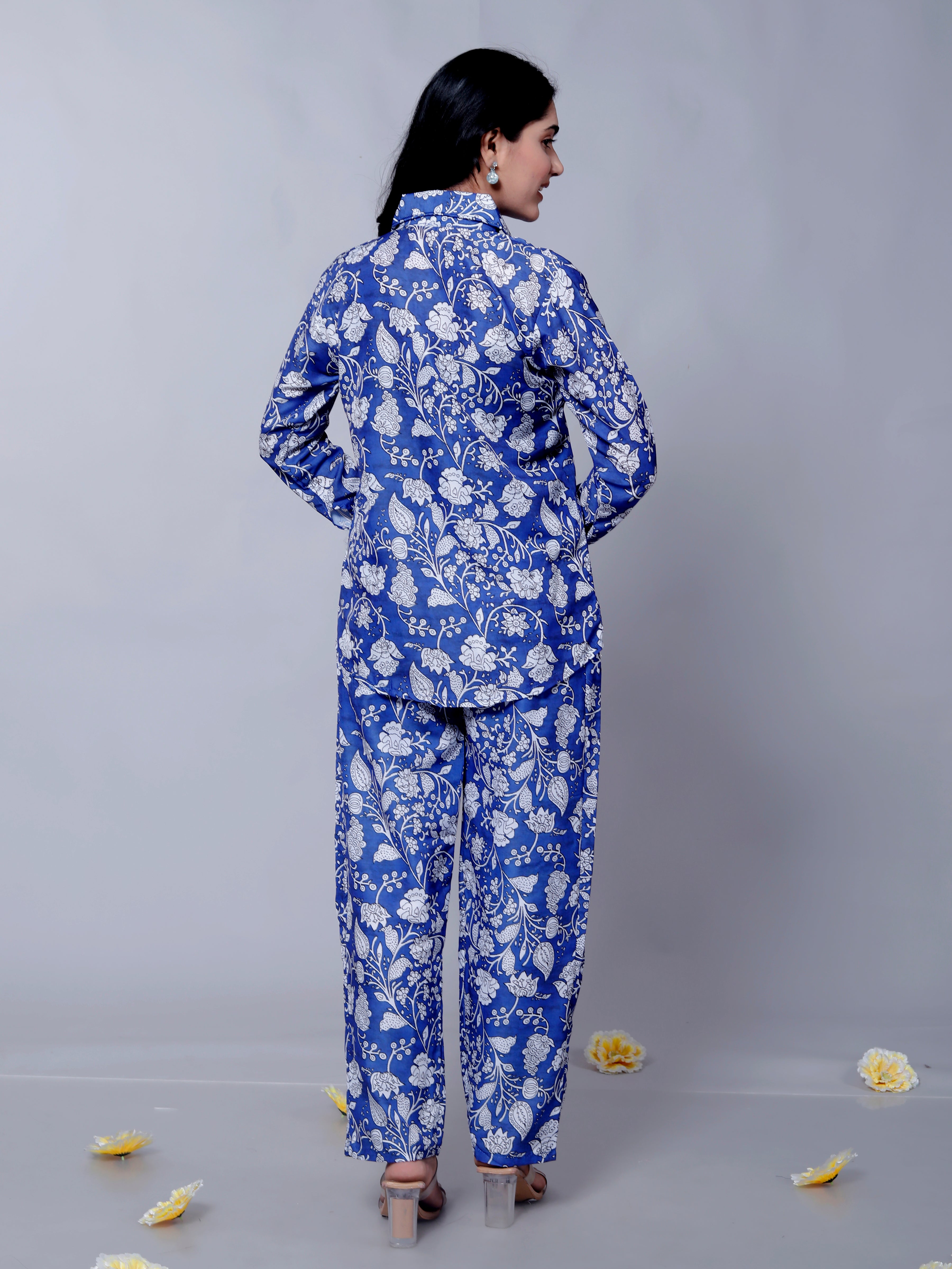 Blue Floral Textured Stylish Co-Ord Set D6005 – Muslin Cotton Outfit