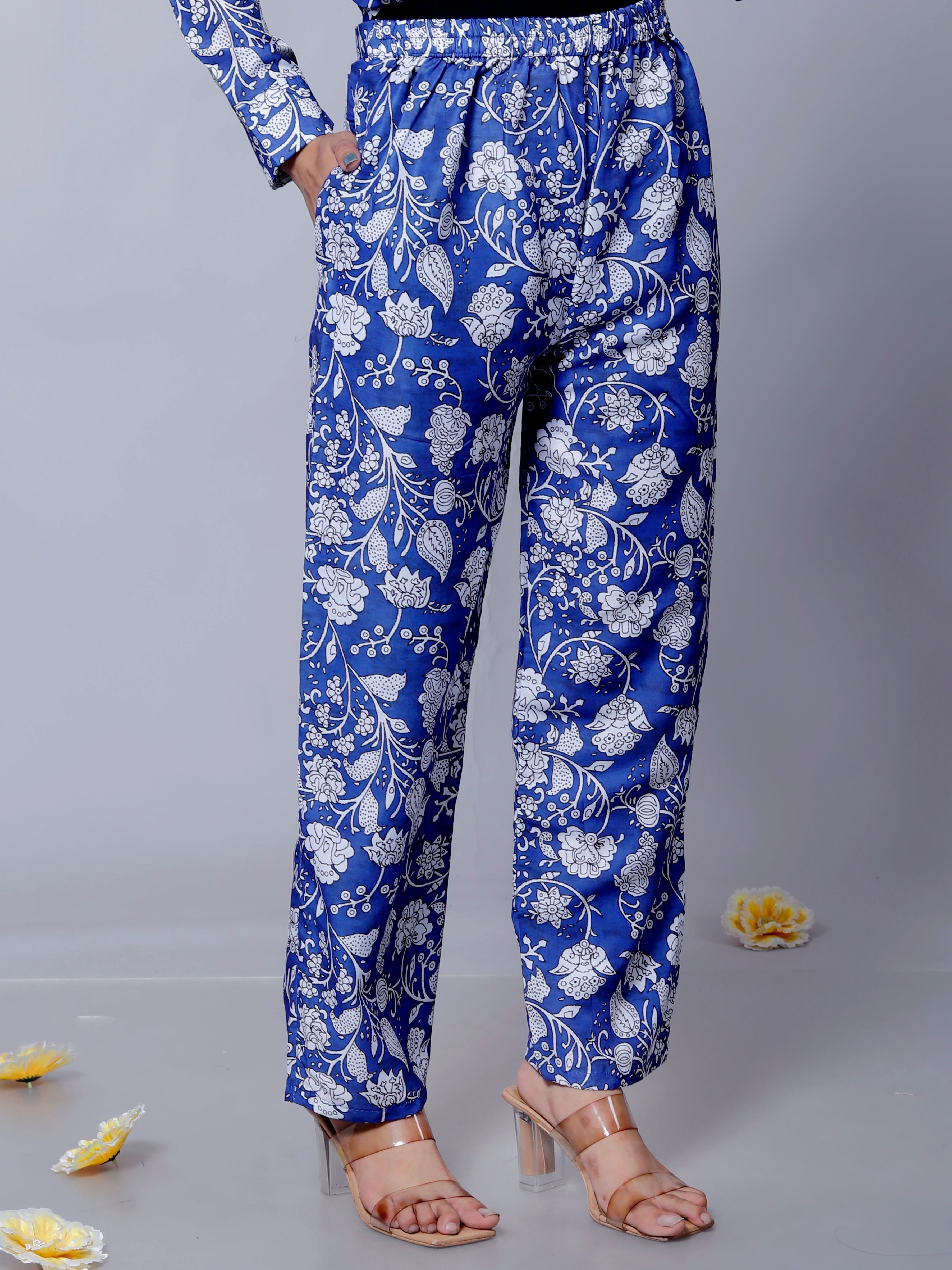 Blue Floral Textured Stylish Co-Ord Set D6005 – Muslin Cotton Outfit