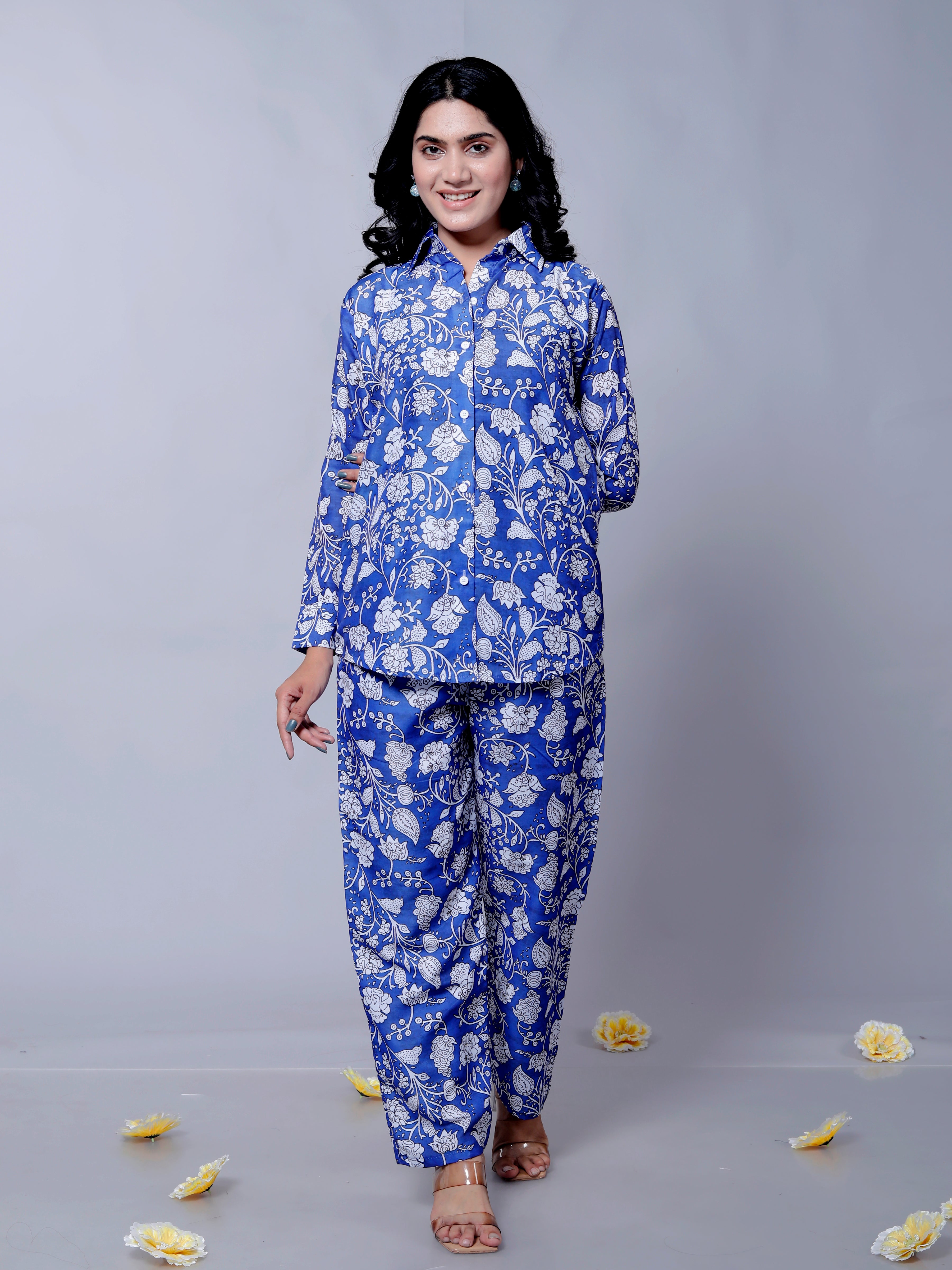 Blue Floral Textured Stylish Co-Ord Set D6005 – Muslin Cotton Outfit