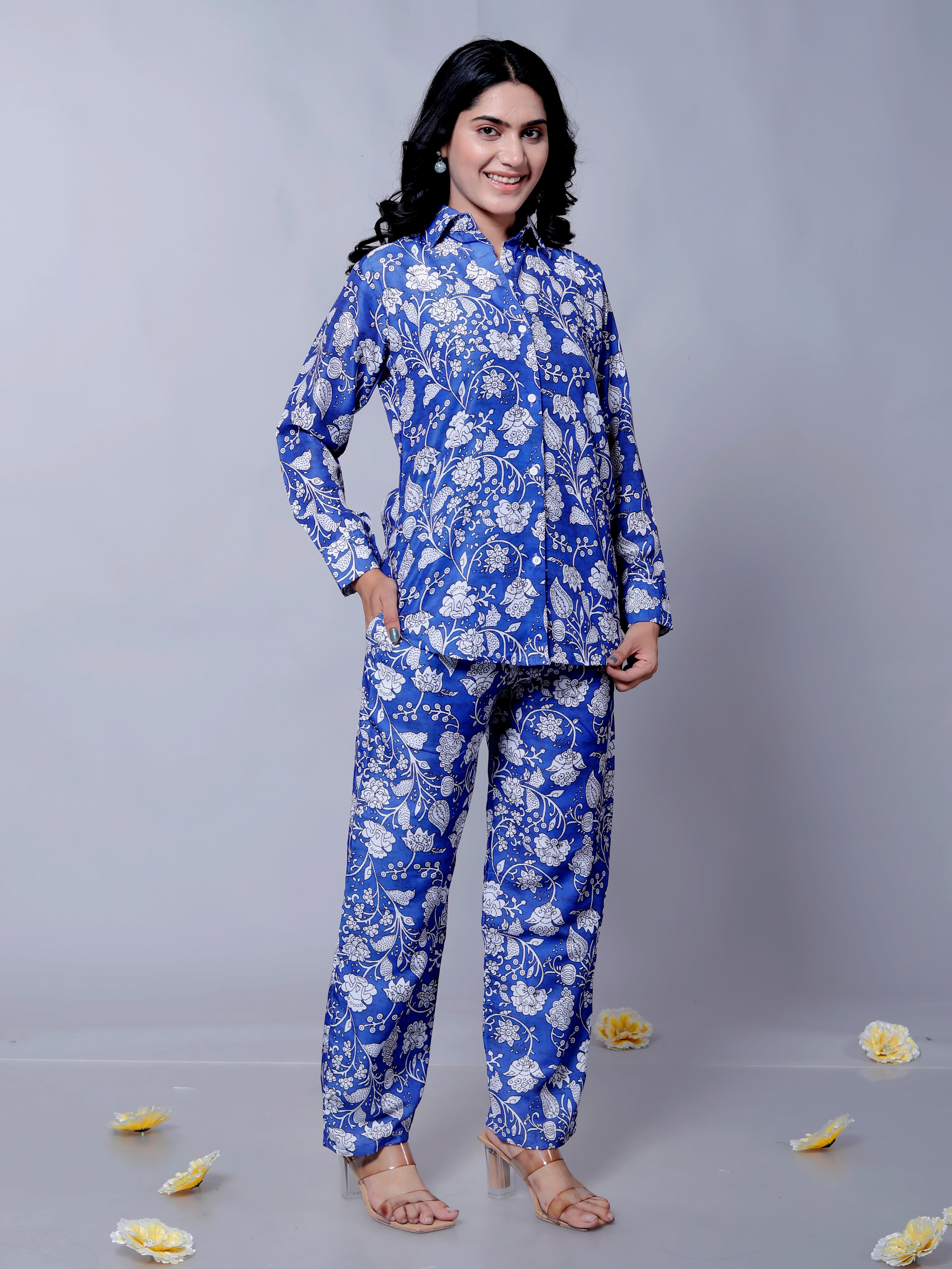 Blue Floral Textured Stylish Co-Ord Set D6005 – Muslin Cotton Outfit