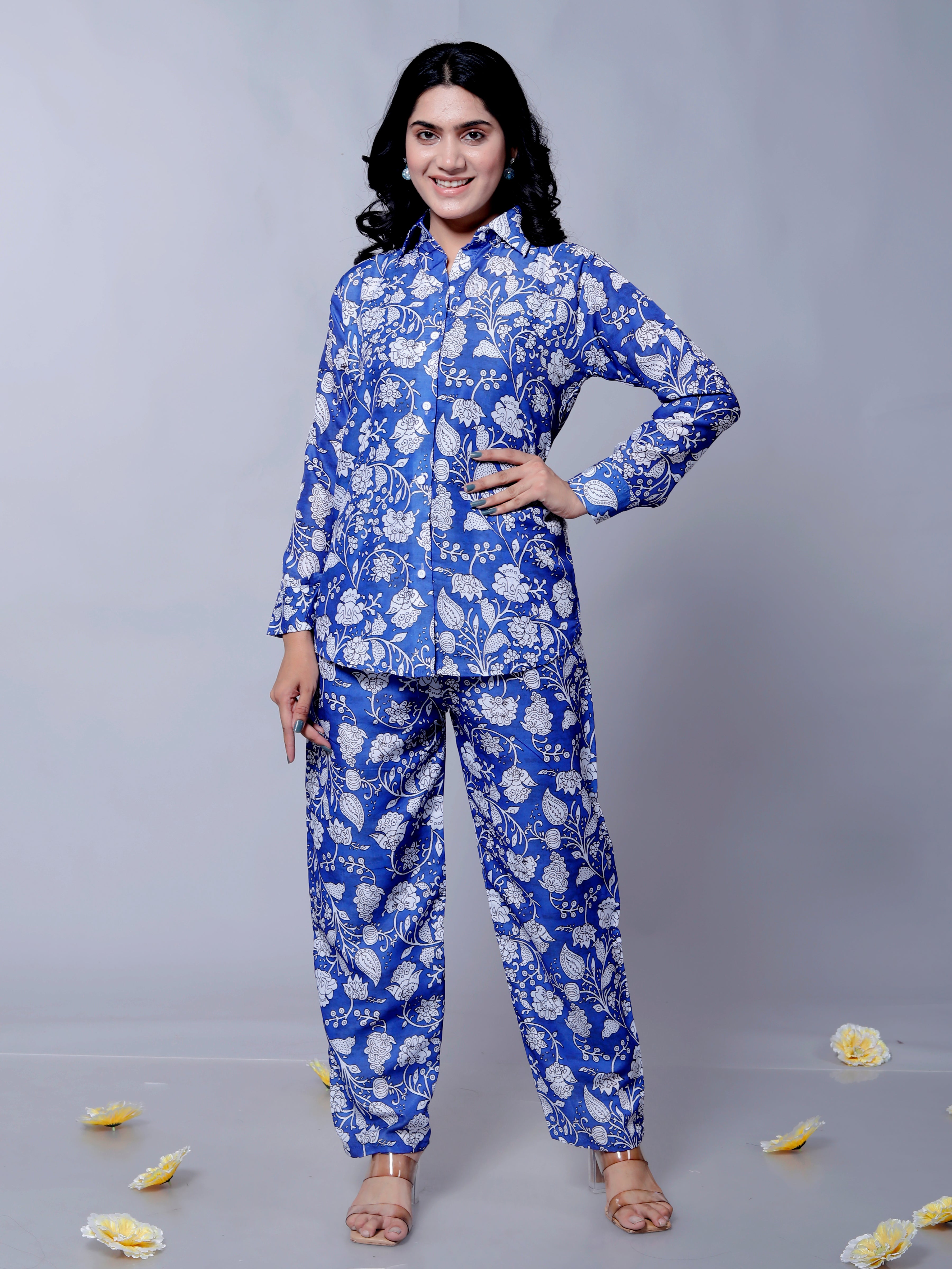 Blue Floral Textured Stylish Co-Ord Set D6005 – Muslin Cotton Outfit