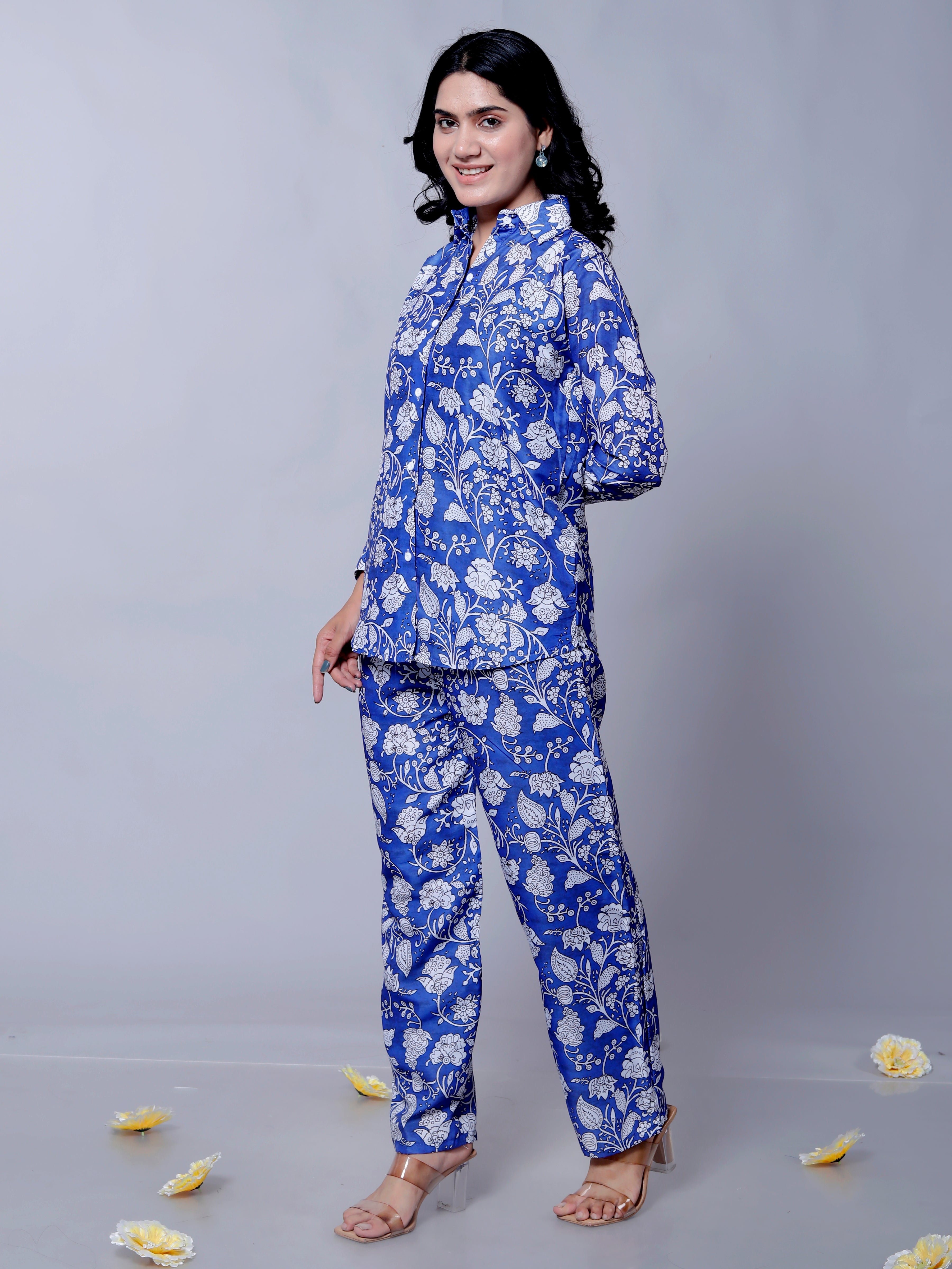 Blue Floral Textured Stylish Co-Ord Set D6005 – Muslin Cotton Outfit