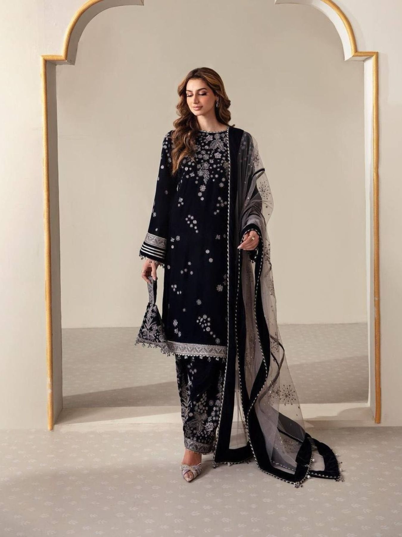 Blue Viscose Velvet Sequence Embroidery Suit with Dupatta