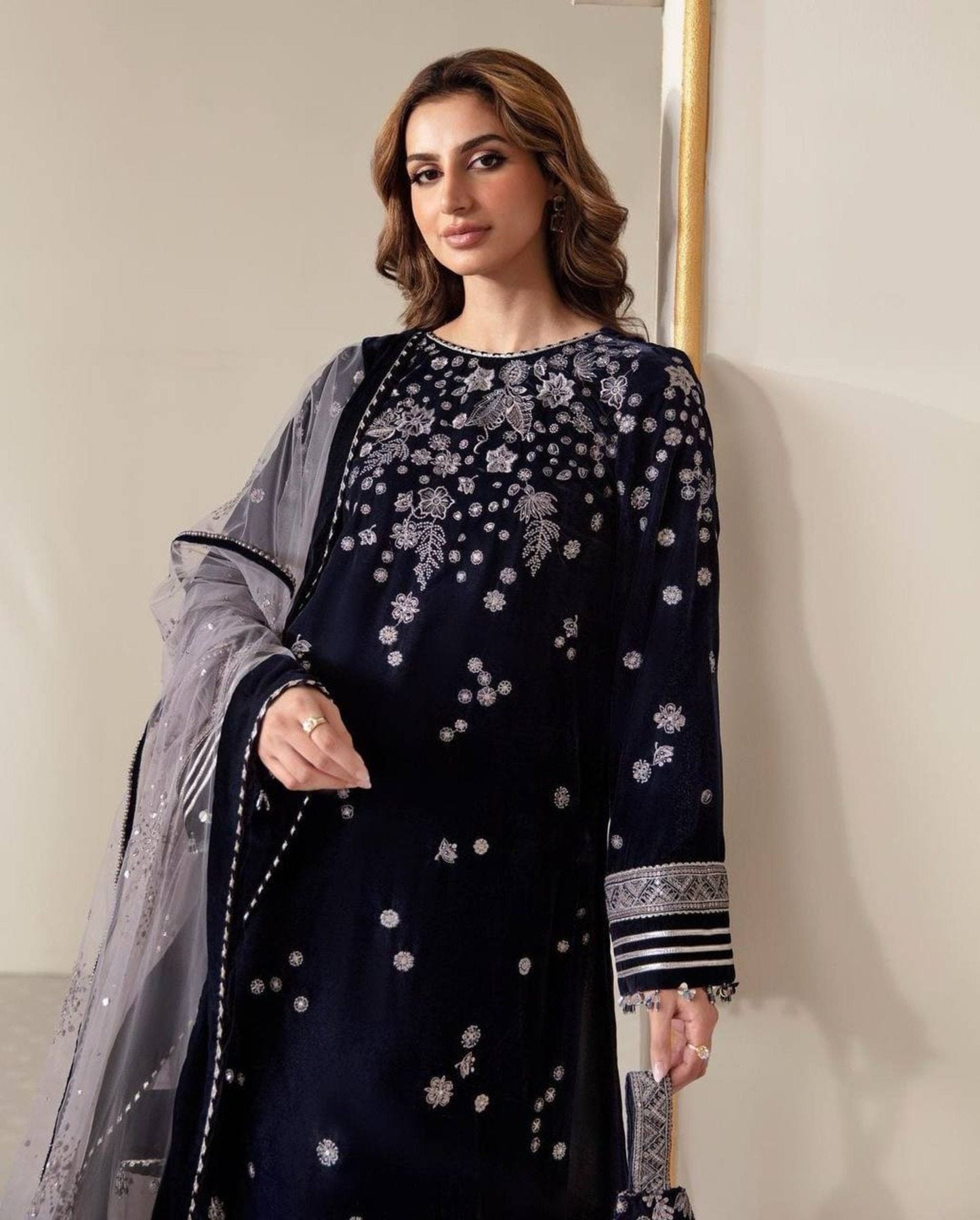 Blue Viscose Velvet Sequence Embroidery Suit with Dupatta