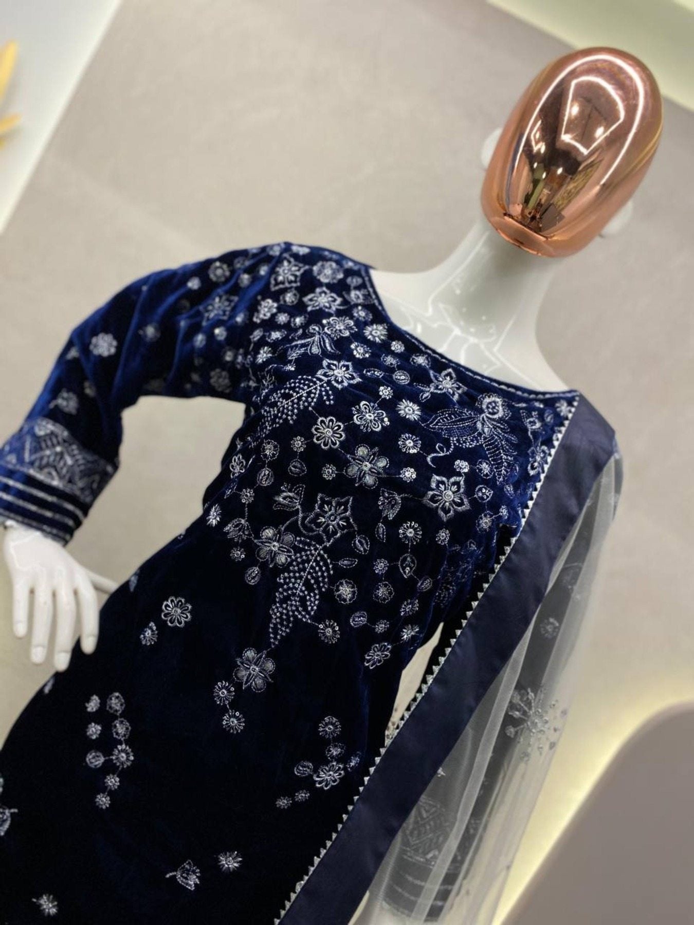 Blue Viscose Velvet Sequence Embroidery Suit with Dupatta