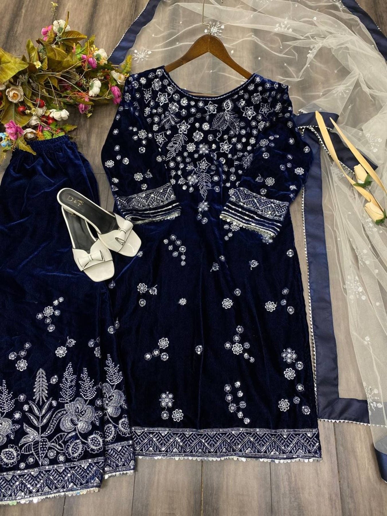 Blue Viscose Velvet Sequence Embroidery Suit with Dupatta