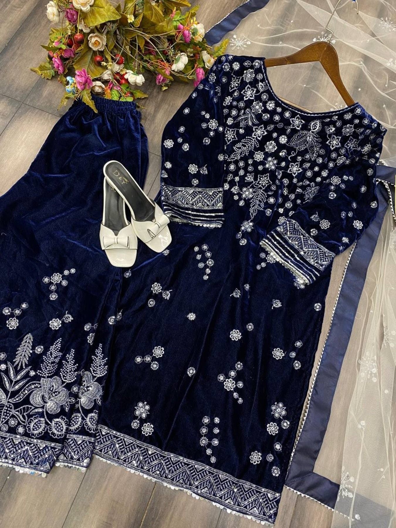 Blue Viscose Velvet Sequence Embroidery Suit with Dupatta