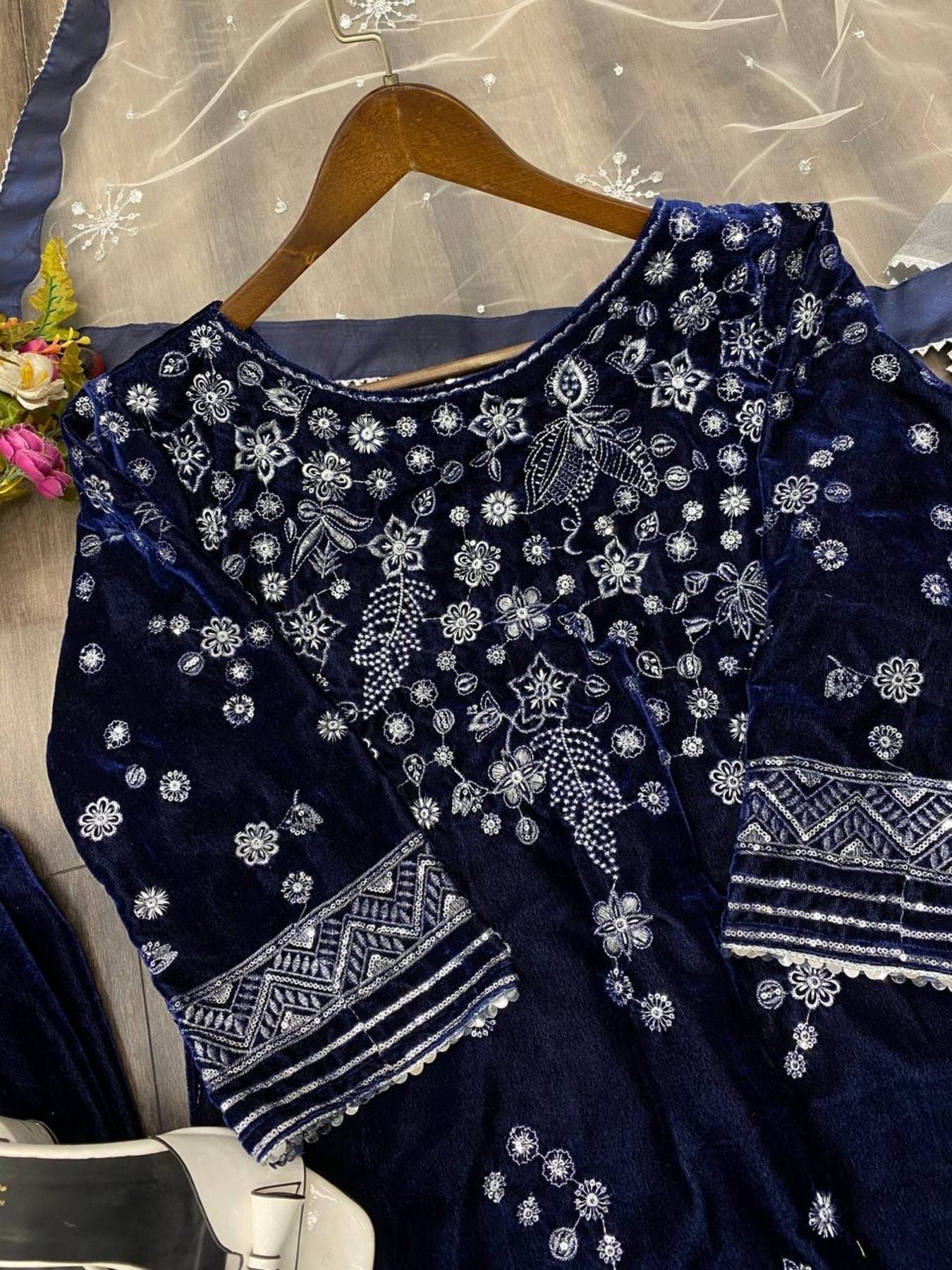 Blue Viscose Velvet Sequence Embroidery Suit with Dupatta