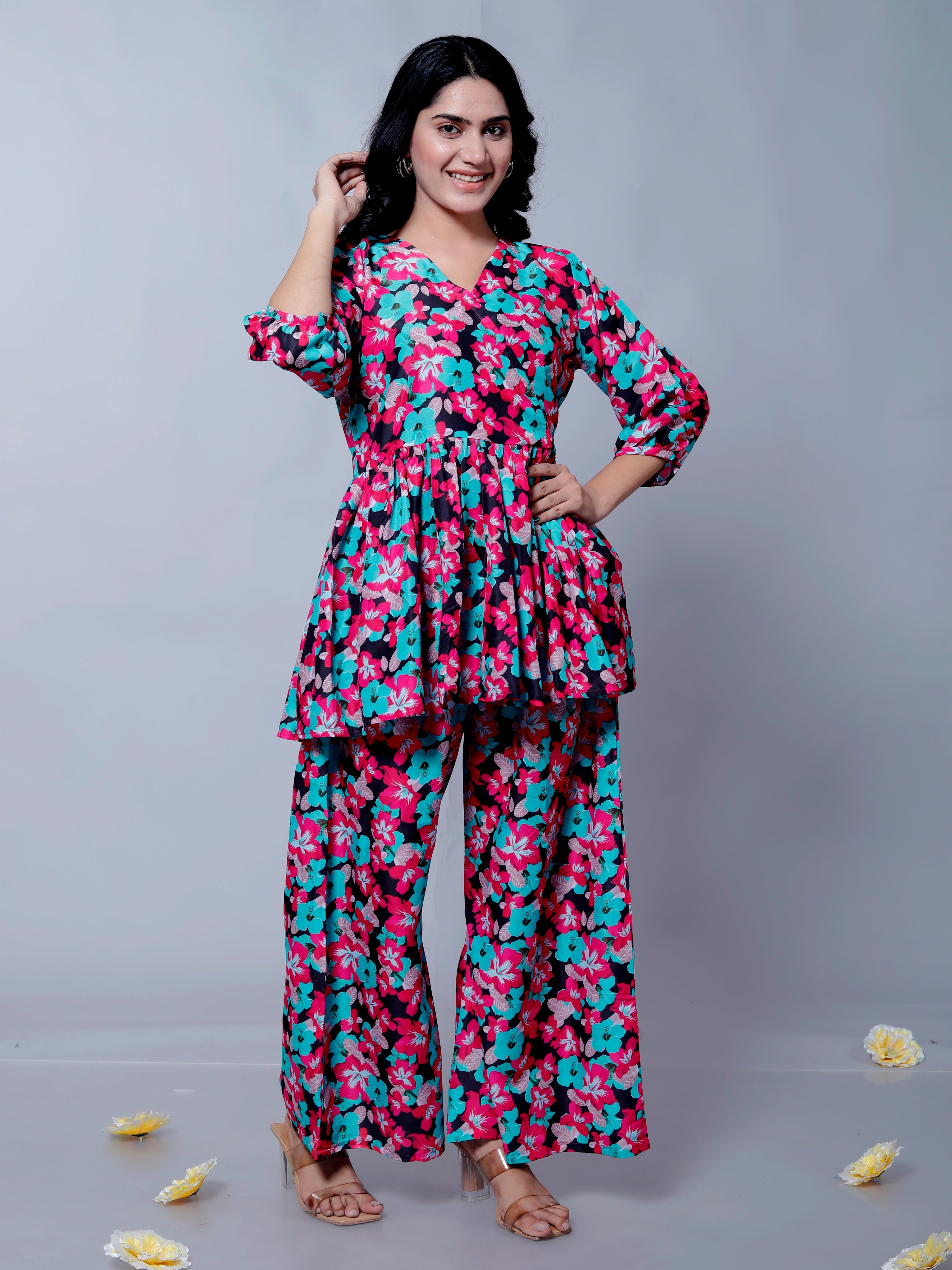 Black Flower Printed Muslin Cotton Peplum Coord Set D6038 – Elegant and Comfortable