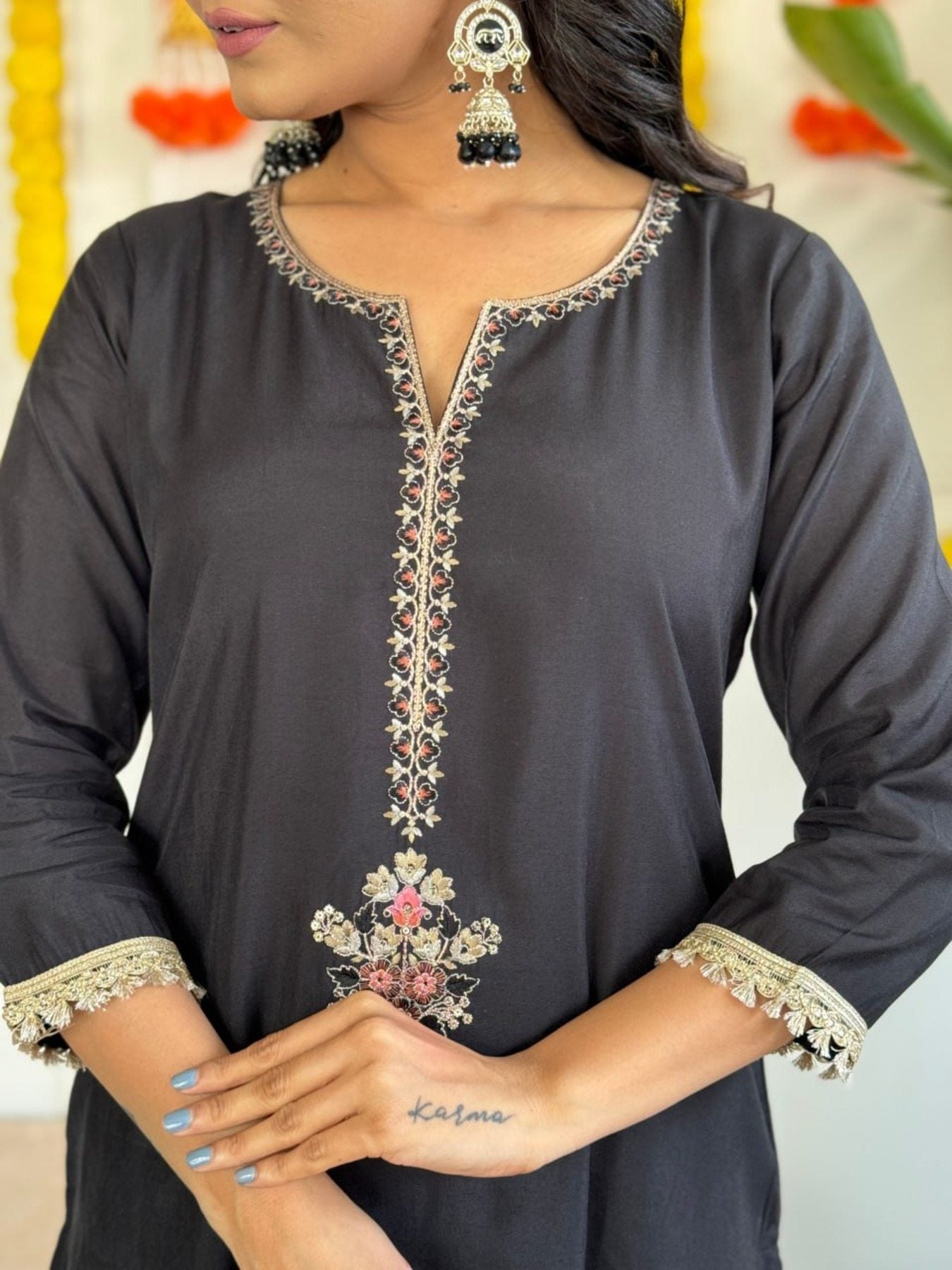 Black French Crepe Kurti Set with Embroidery Work