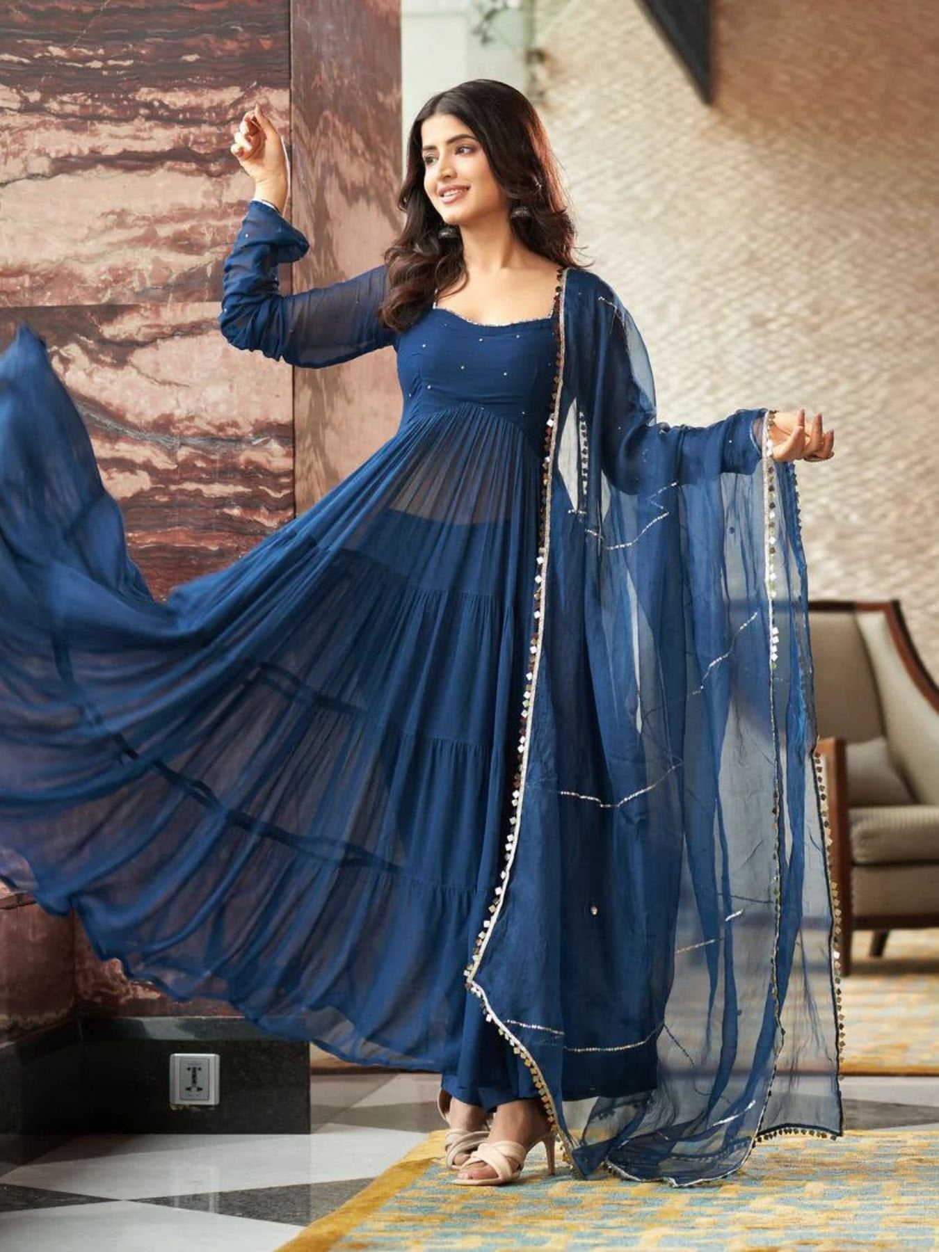 Buy Blue Anarkali Gown - Pure Georgette with Dupatta & Pant