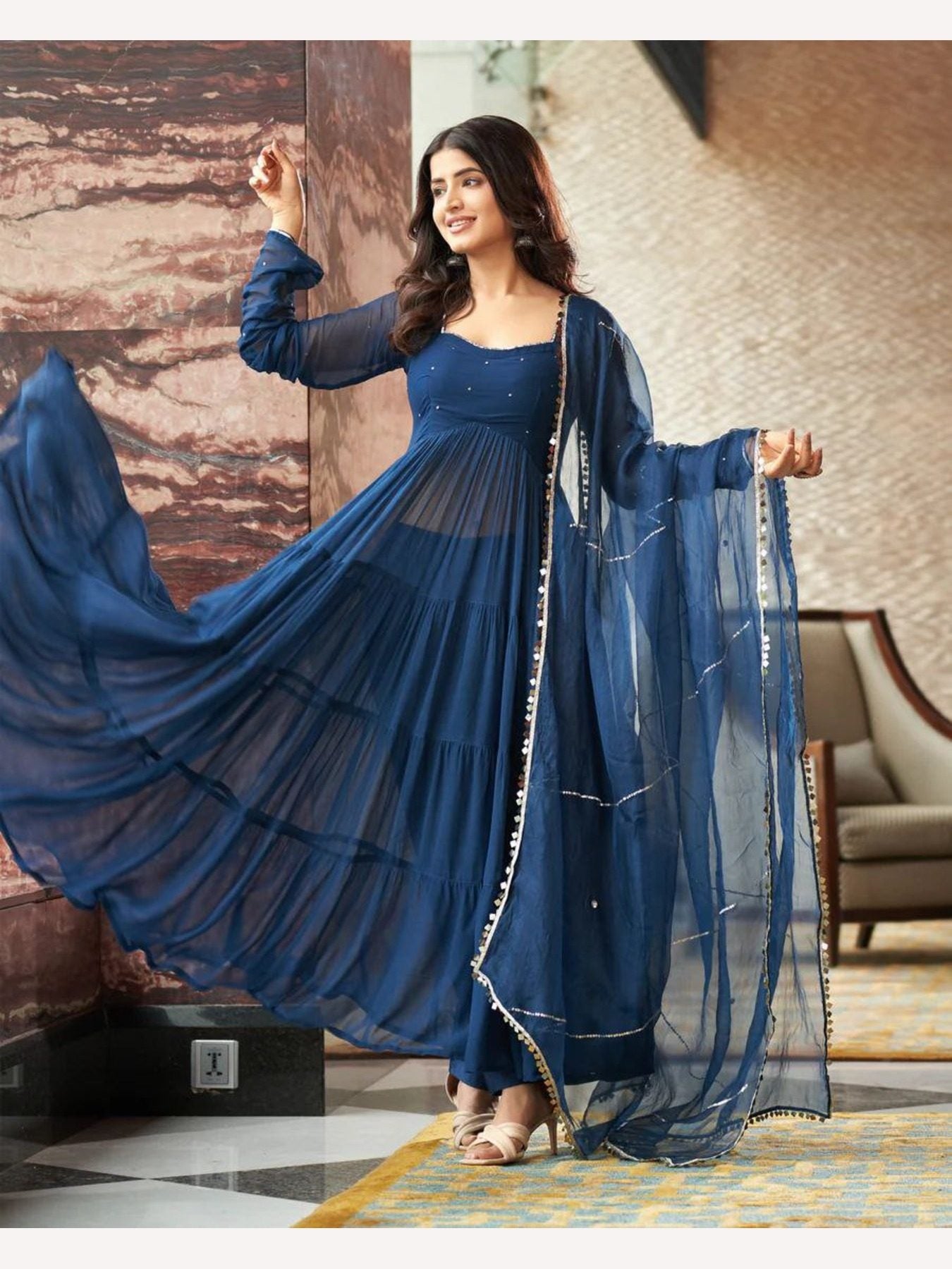 Buy Blue Anarkali Gown - Pure Georgette with Dupatta & Pant