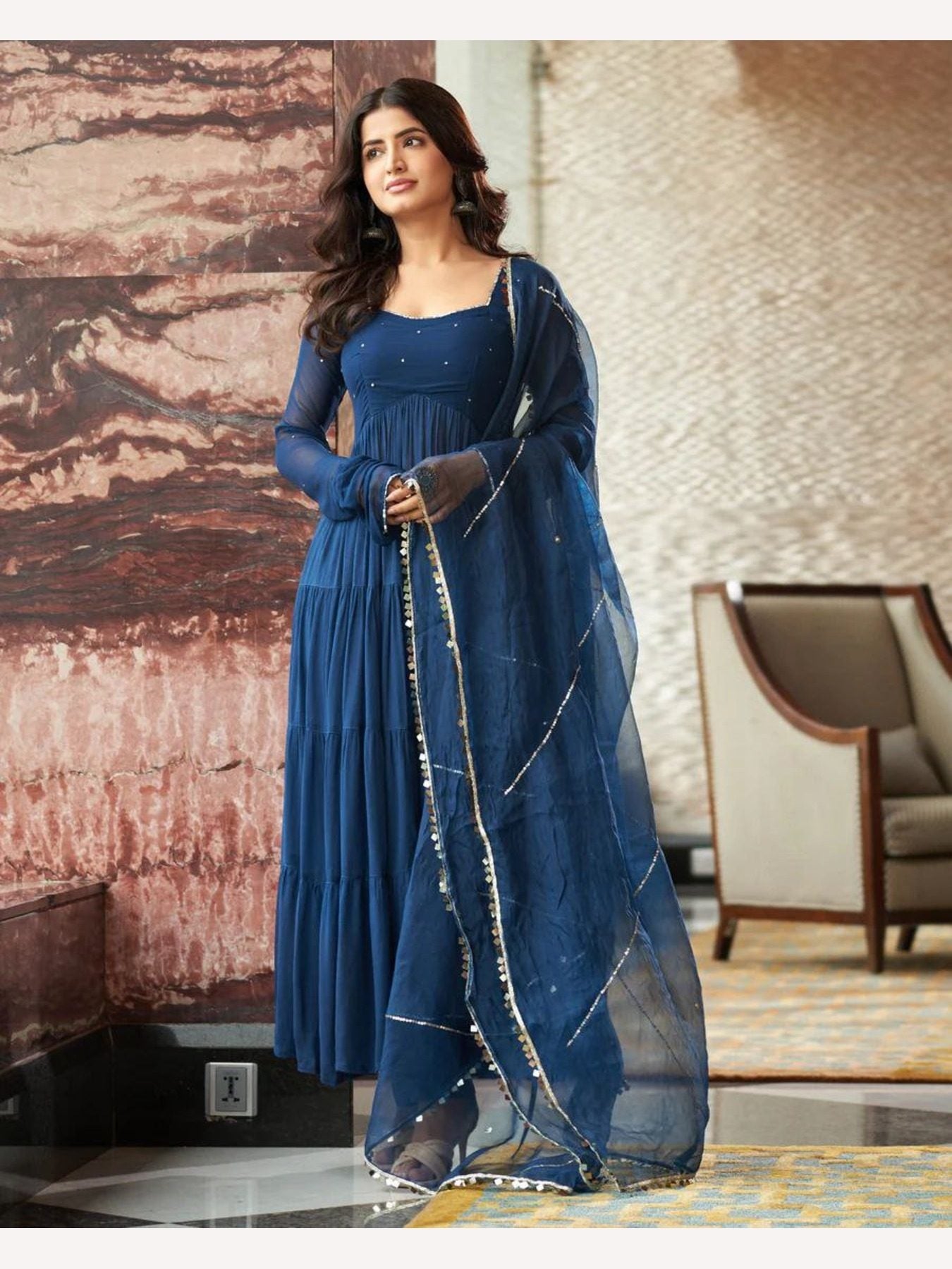 Buy Blue Anarkali Gown - Pure Georgette with Dupatta & Pant