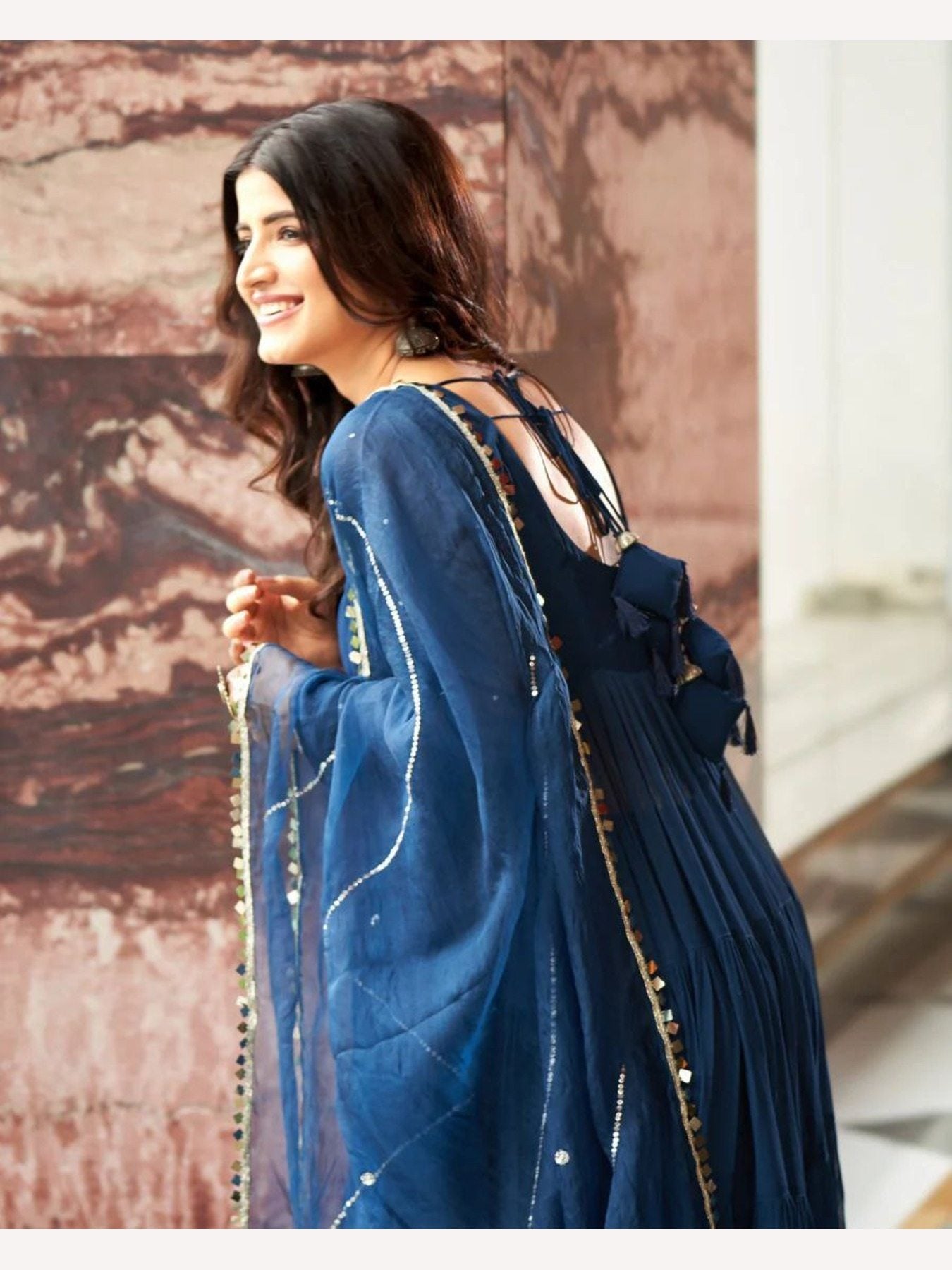 Buy Blue Anarkali Gown - Pure Georgette with Dupatta & Pant