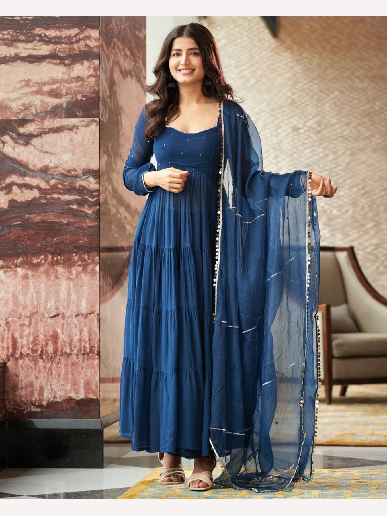 Buy Blue Anarkali Gown - Pure Georgette with Dupatta & Pant