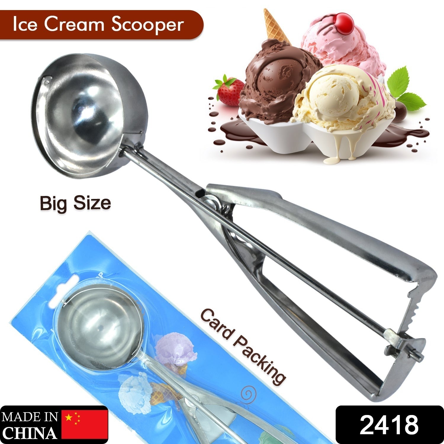 2418 Ice Cream Serving Scoop Stainless Steel Premium Quality Ice Cream Serving Spoon Scooper With Trigger Release