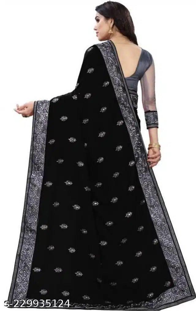 Net Embroidered Saree for Women (Black, 6.3 m) - TREND BUY