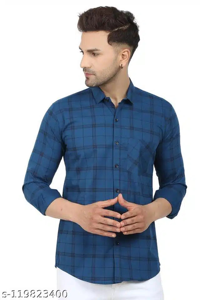 Cotton Full Sleeves Shirt for Men (Navy Blue, L)