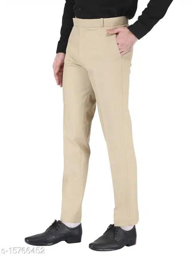 Solid Cream Cotton Blend Trousers (Size 28) - Stylish Slim Fit