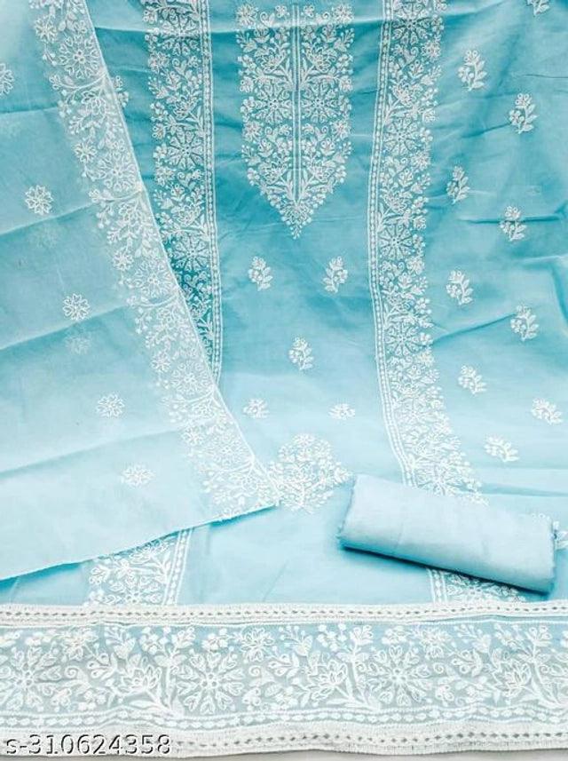 Chanderi Cotton Embroidered Unstitched Suit for Women (Sky Blue) – Elegant Ethnic Wear - TREND BUY