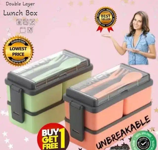 Plastic Lunchbox with Spoon & Fork (Mint Green & Peach, 1500 ml) (Pack of 2)