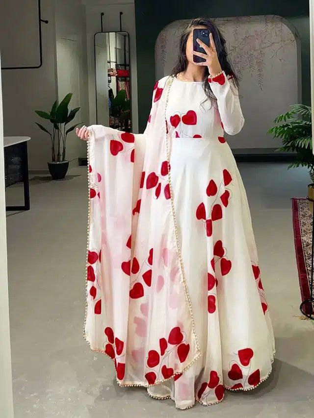 Georgette Printed Gown with Dupatta for Women (White & Red, S)