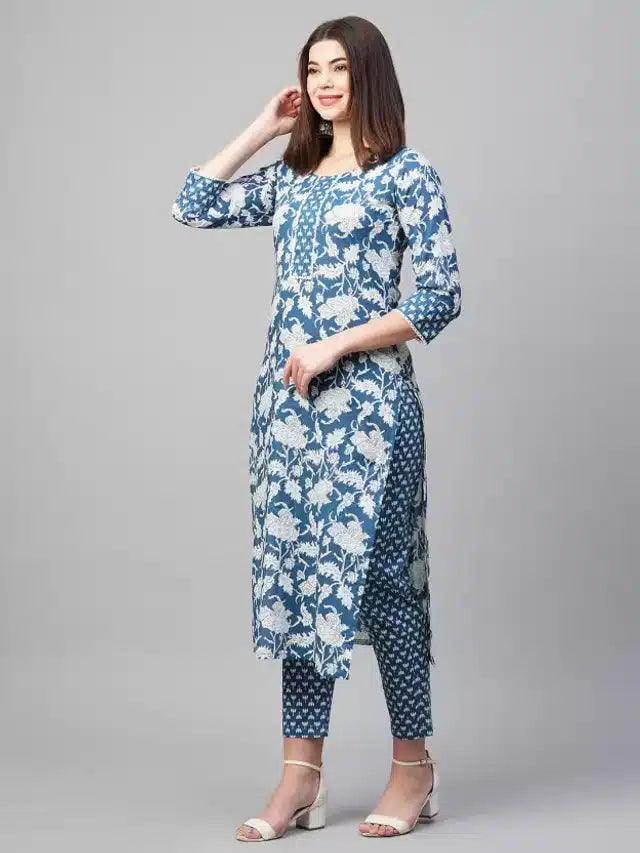 Viscose Rayon Printed Kurta Set for Women (Blue, S ) - TREND BUY