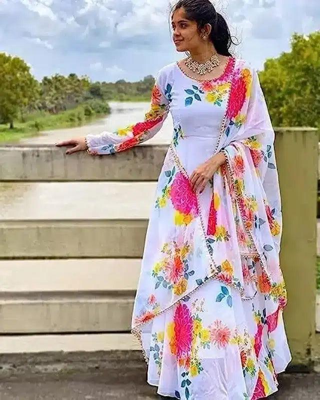 Georgette Printed Gown with Dupatta for Women (White & Pink, S)