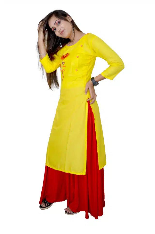 Viscose Rayon Embroidered Kurti for Women (Yellow, S) - TREND BUY