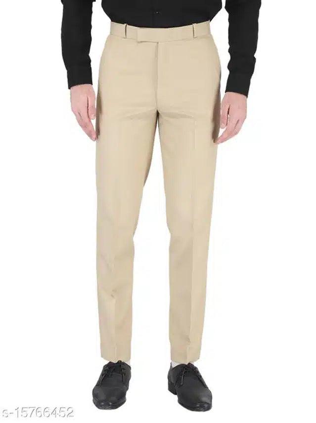 Solid Cream Cotton Blend Trousers (Size 28) - Stylish Slim Fit