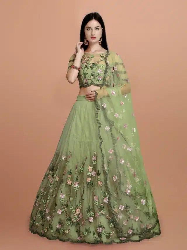 Net Embroidred Semi Stiched Lehenga Choli for Women (Green) - TREND BUY