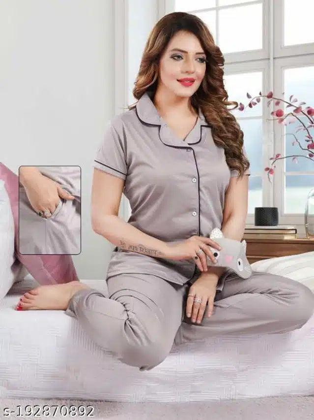 Satin Nightsuit for Women (Grey, M) - TREND BUY