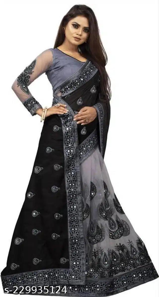 Net Embroidered Saree for Women (Black, 6.3 m) - TREND BUY