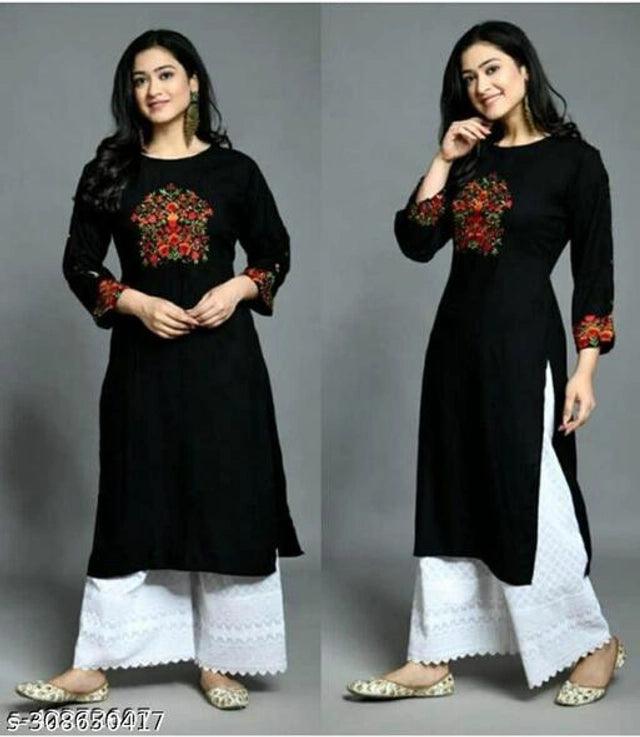 Rayon Embroidered Kurti for Women (Black, S) - TREND BUY