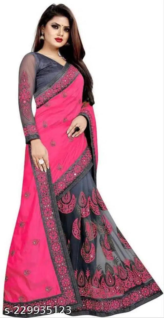 Net Embroidered Saree for Women (Black, 6.3 m) - TREND BUY