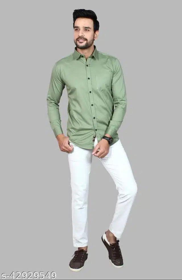 Cotton Blend Full Sleeves Shirt for Men - Mint Green (M)