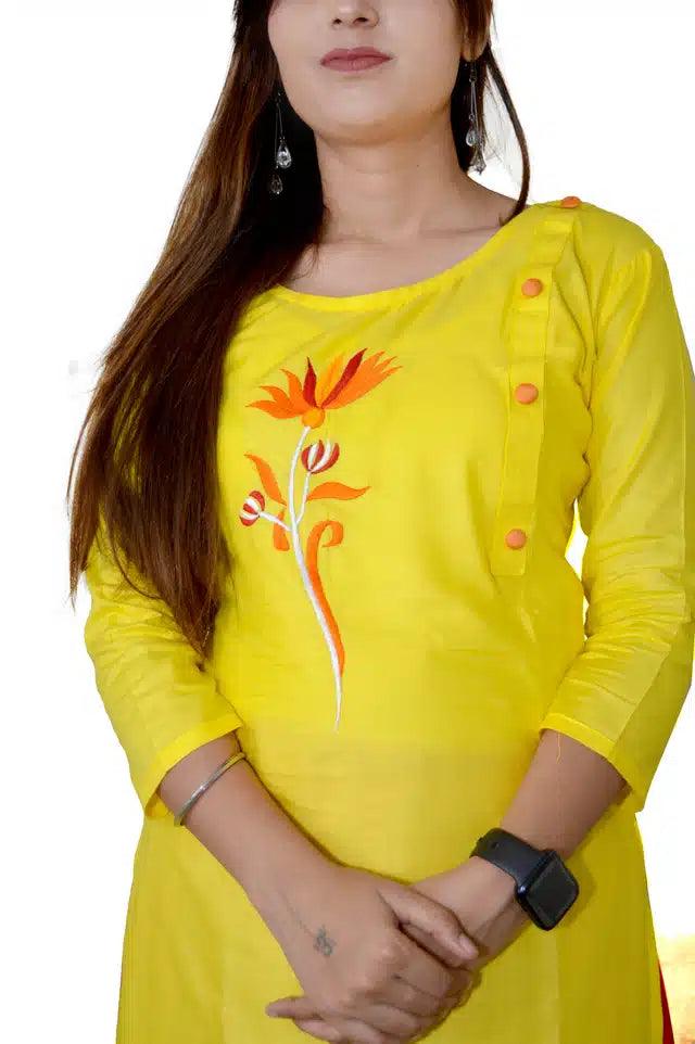 Viscose Rayon Embroidered Kurti for Women (Yellow, S) - TREND BUY