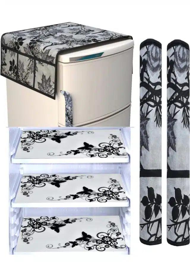 Knit Printed Fridge 3 Pcs Mat with 2 Pcs Handle & Top Cover (Multicolor, Set of 1)