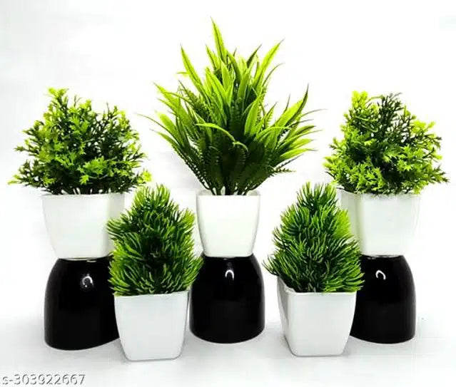 Artificial Plants with Pot (Green & White, Set of 5)