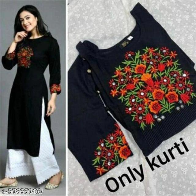 Rayon Embroidered Kurti for Women (Black, S) - TREND BUY