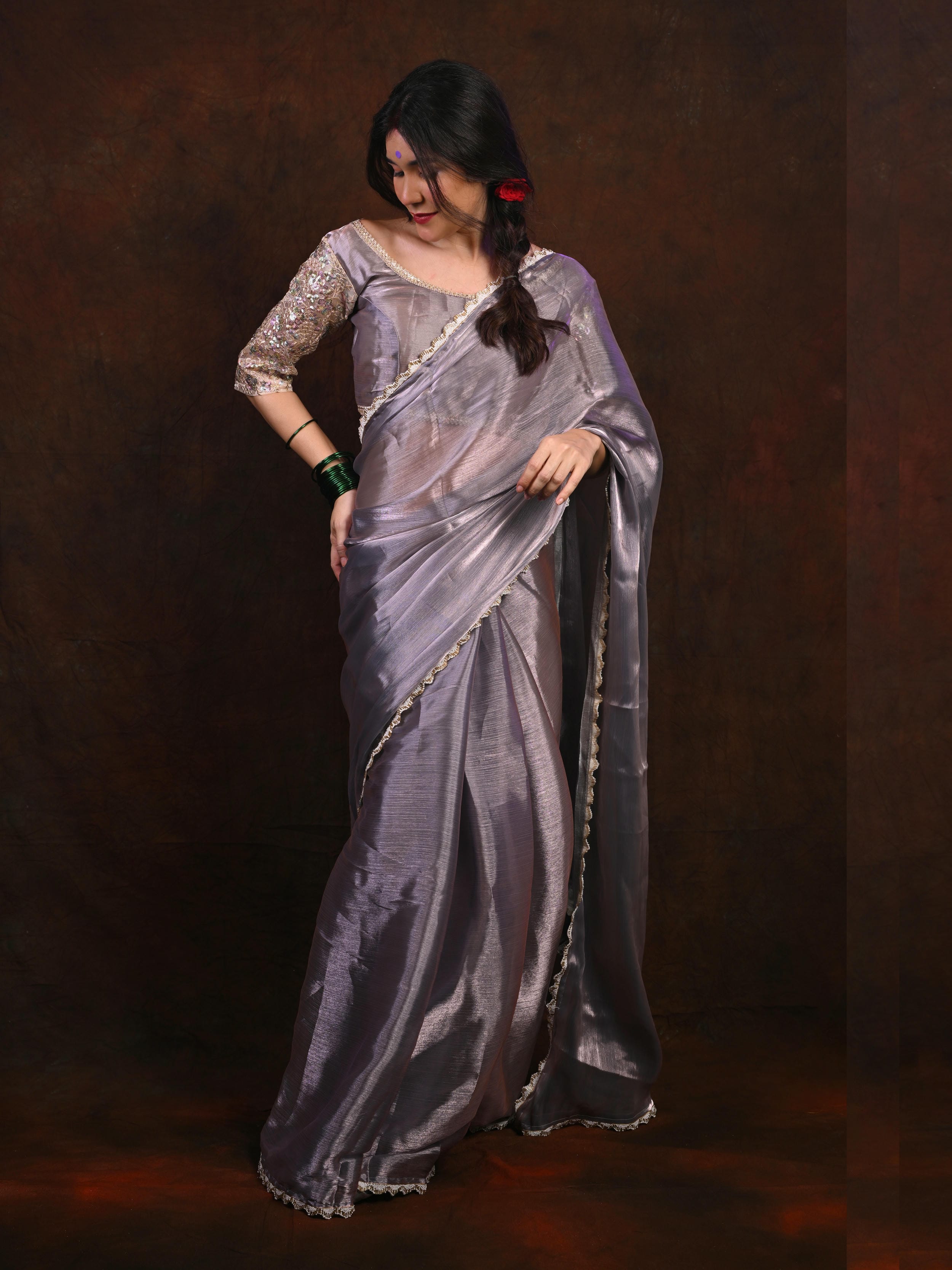 Premium Glass Tissue Silk Saree with Two-Tone Zari and Gold Lace Border