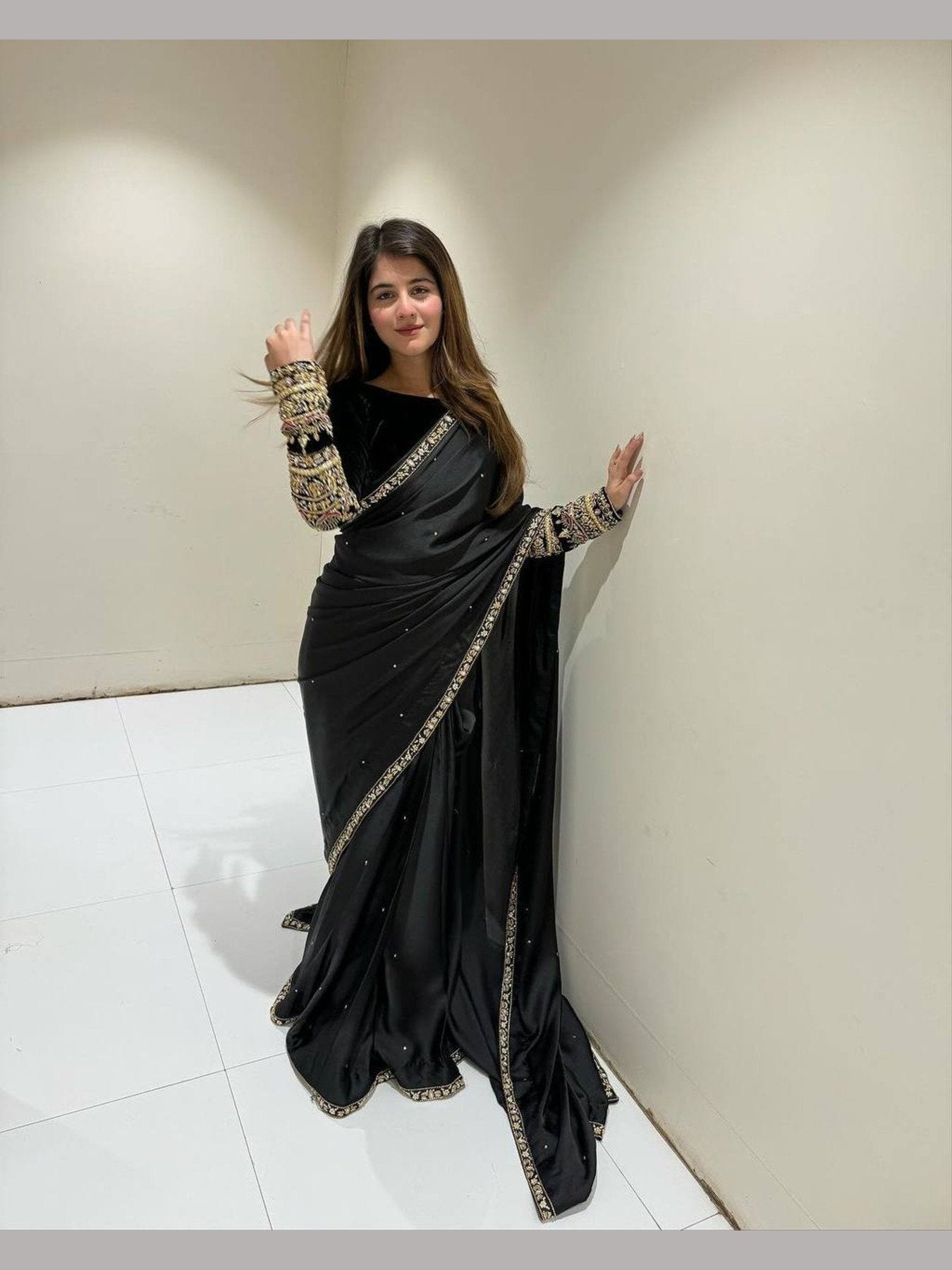 Designer Bollywood Style Velvet Saree with Embroidery and Moti Wo