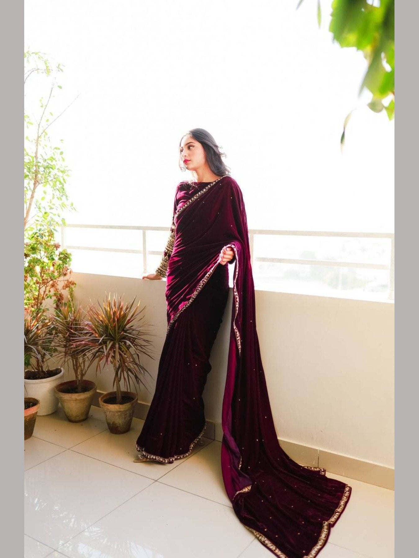 Designer Bollywood Style Velvet Saree with Embroidery and Moti Wo