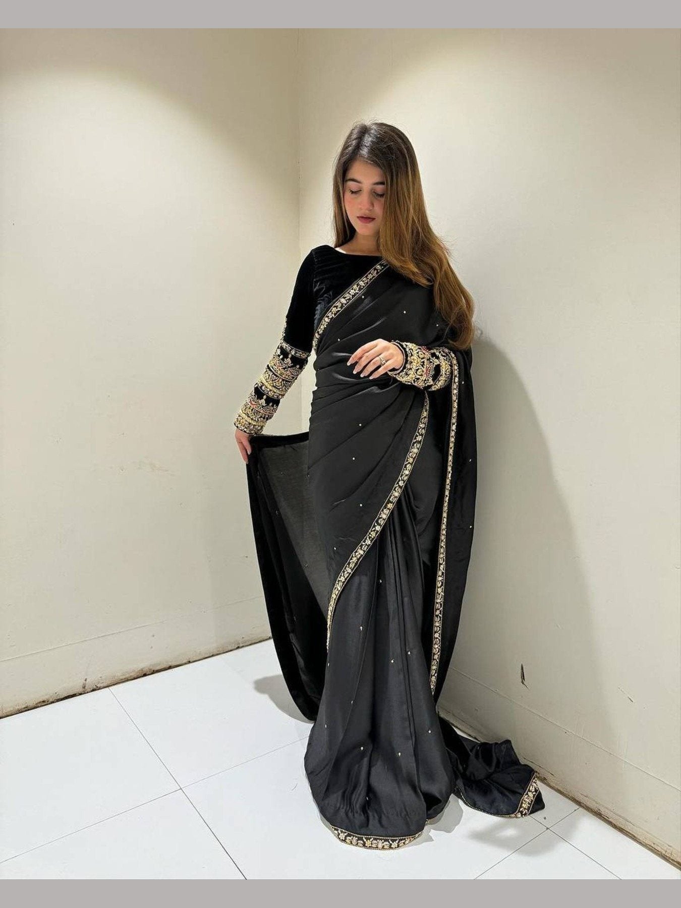 Designer Bollywood Style Velvet Saree with Embroidery and Moti Wo