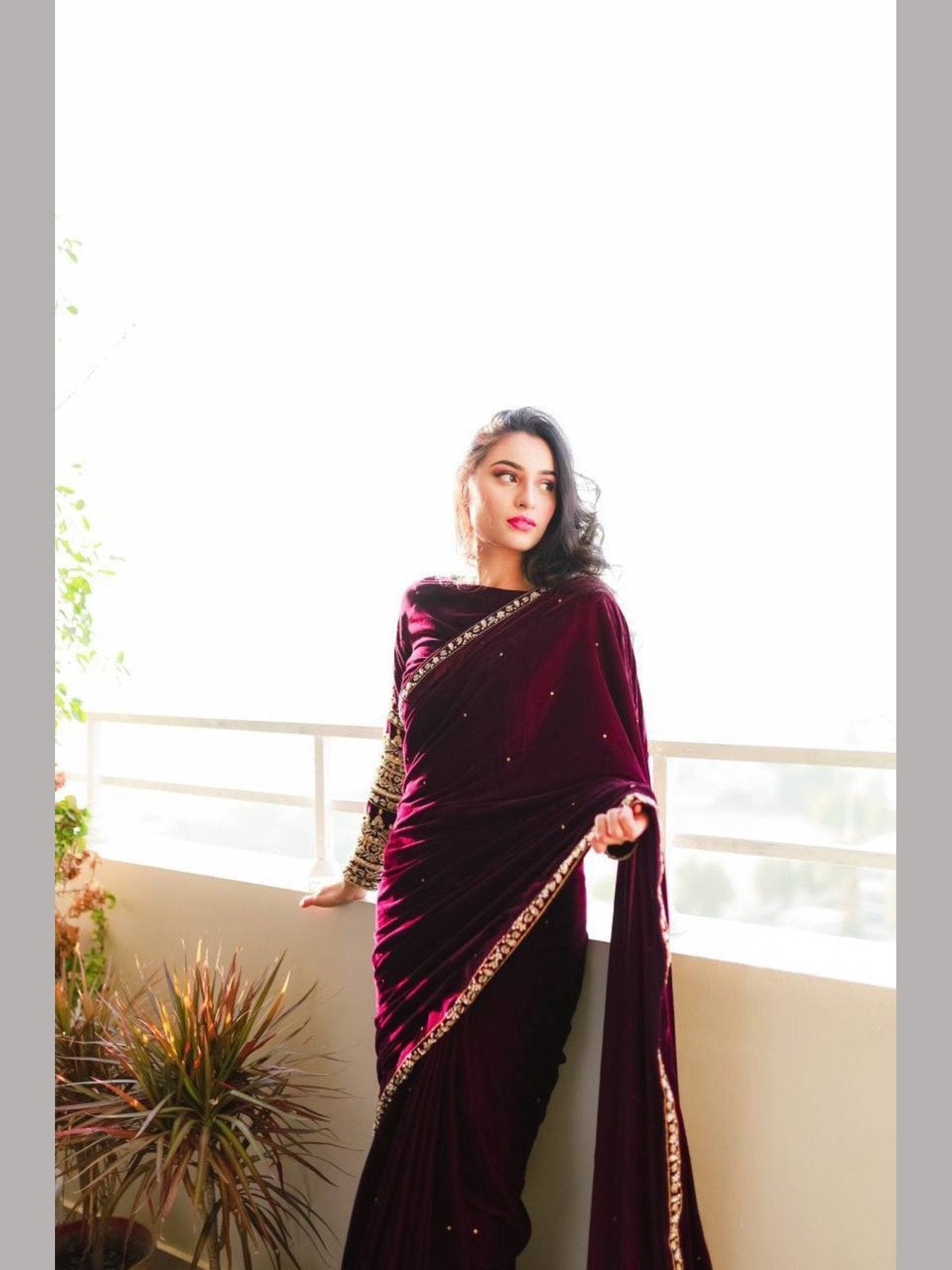 Designer Bollywood Style Velvet Saree with Embroidery and Moti Wo