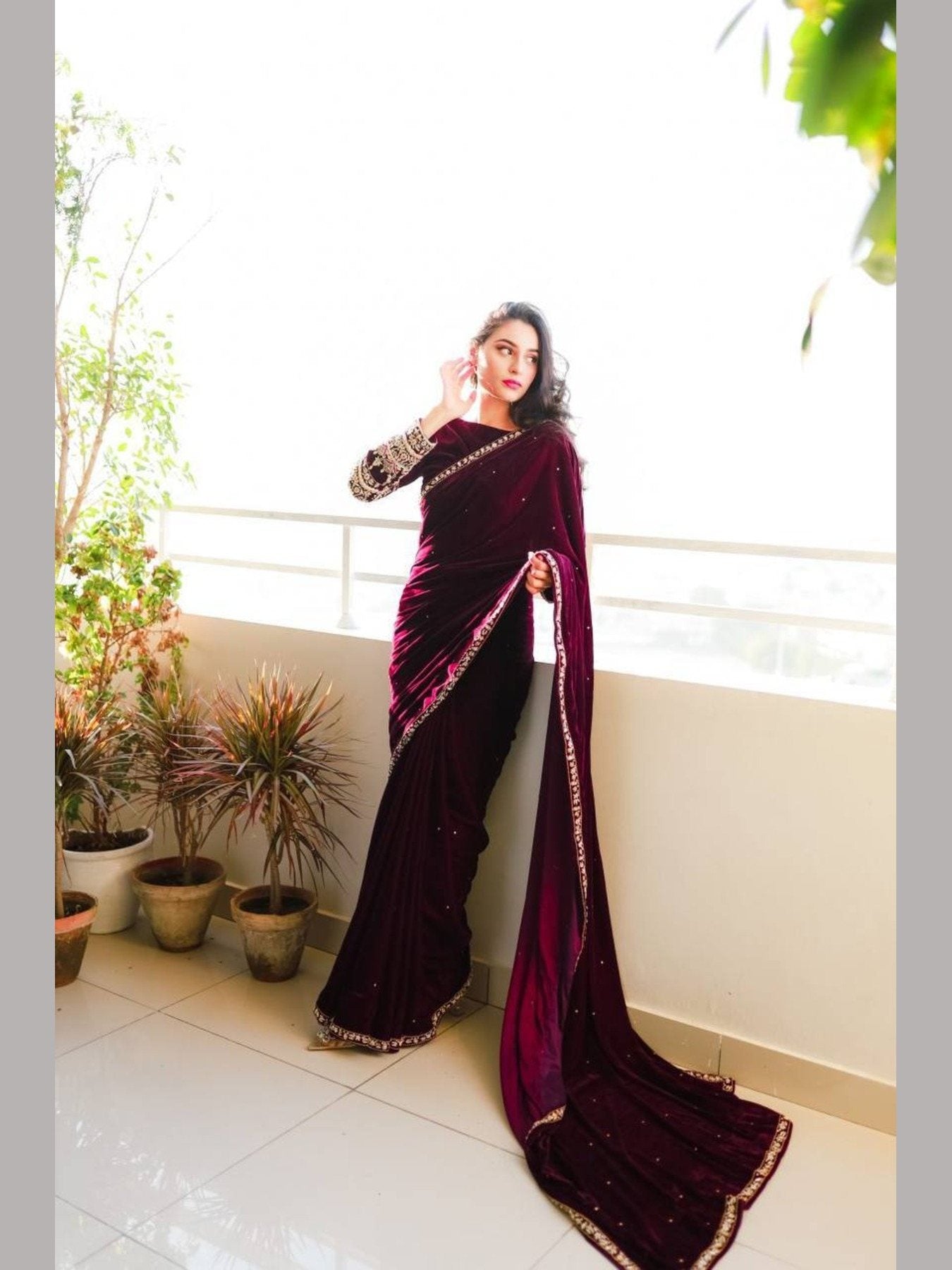 Designer Bollywood Style Velvet Saree with Embroidery and Moti Wo