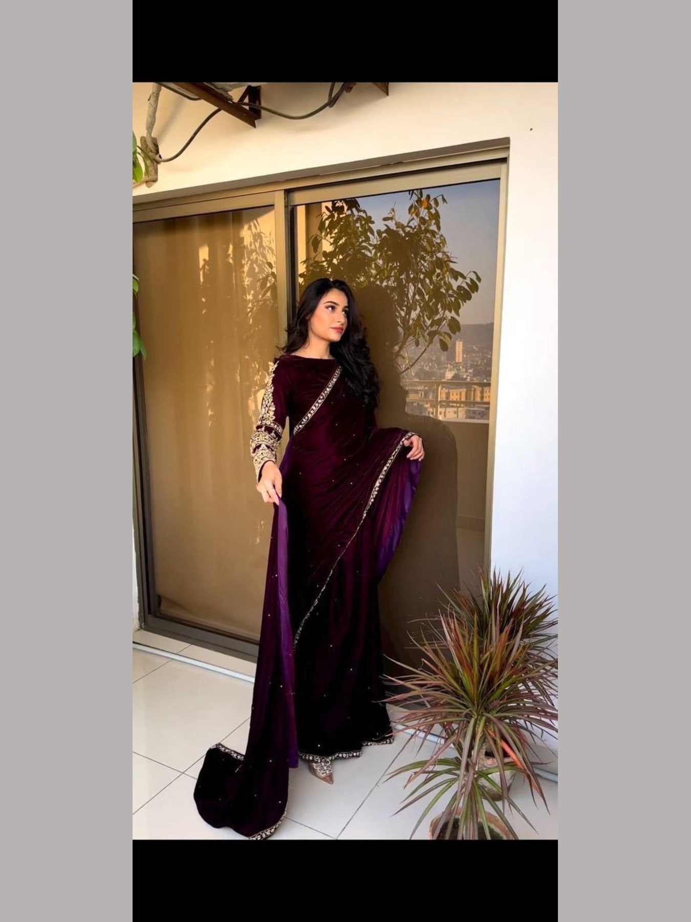 Designer Bollywood Style Velvet Saree with Embroidery and Moti Wo