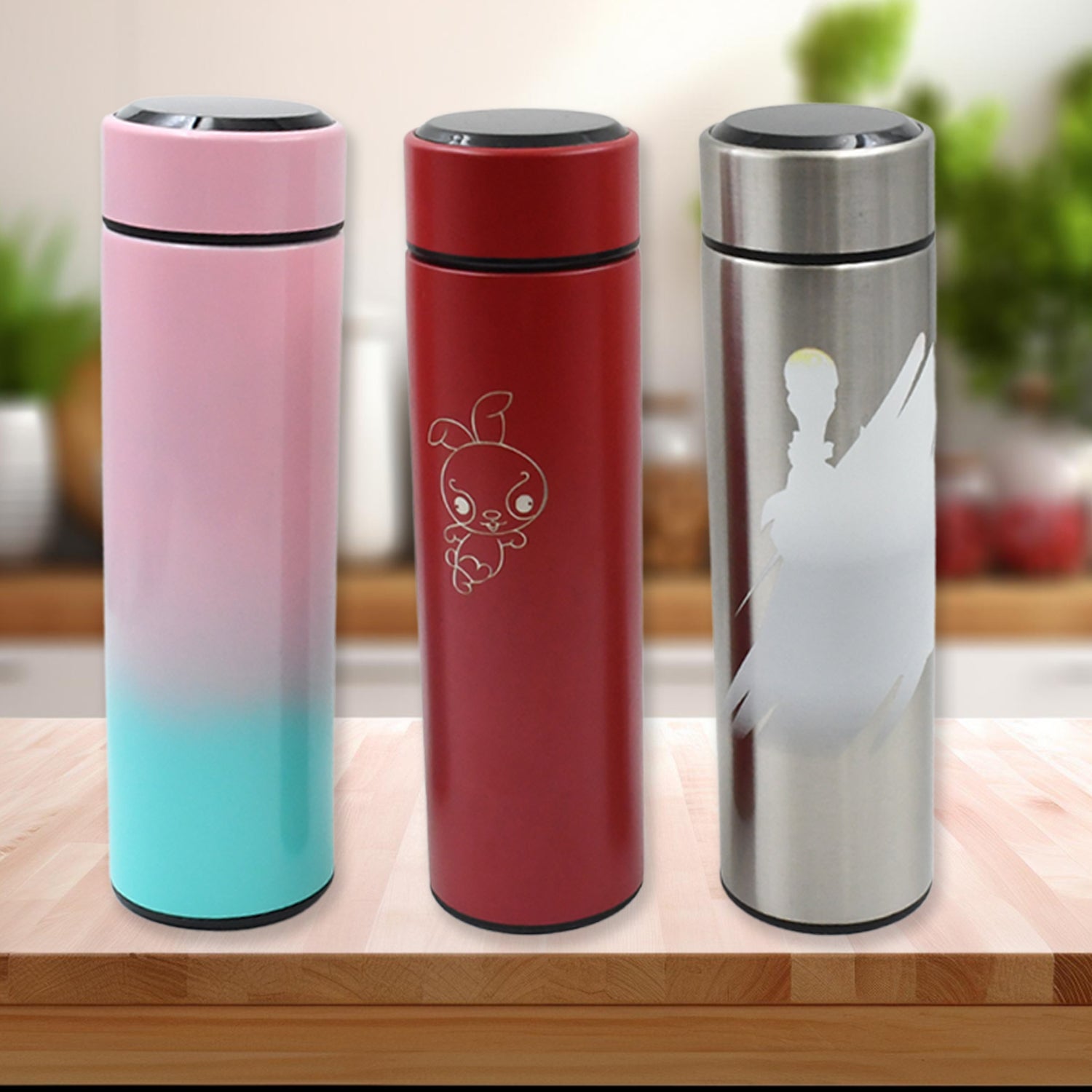 Printed Smart Vacuum Insulated Water Bottle With Led Temperature Display (1 Pc  500 Ml Approx  Multicolor  Mix Design )